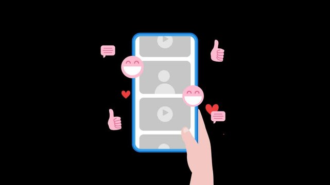 Animated hands holding smartphones while scrolling the internet and watching random content on social media in search of joy, interaction with likes, comments or love. No Background.