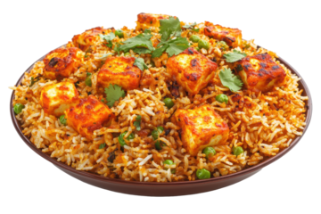 Aromatic paneer biryani rice peas and cilantro atop a dark bowl a culinary delight