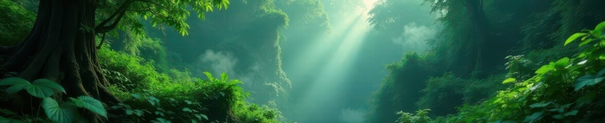 Fototapeta premium Dense emerald canopy, steam rising from humid jungle floor, vines, August, nature