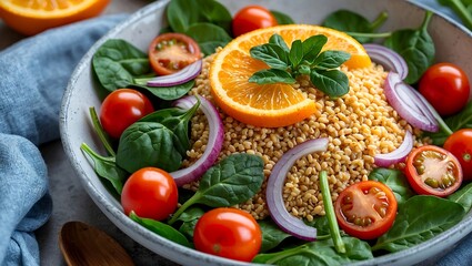Vibrant millet salad with citrus dressing and fresh vegetables