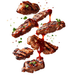 Falling grilled meat with sauce, png transparent background