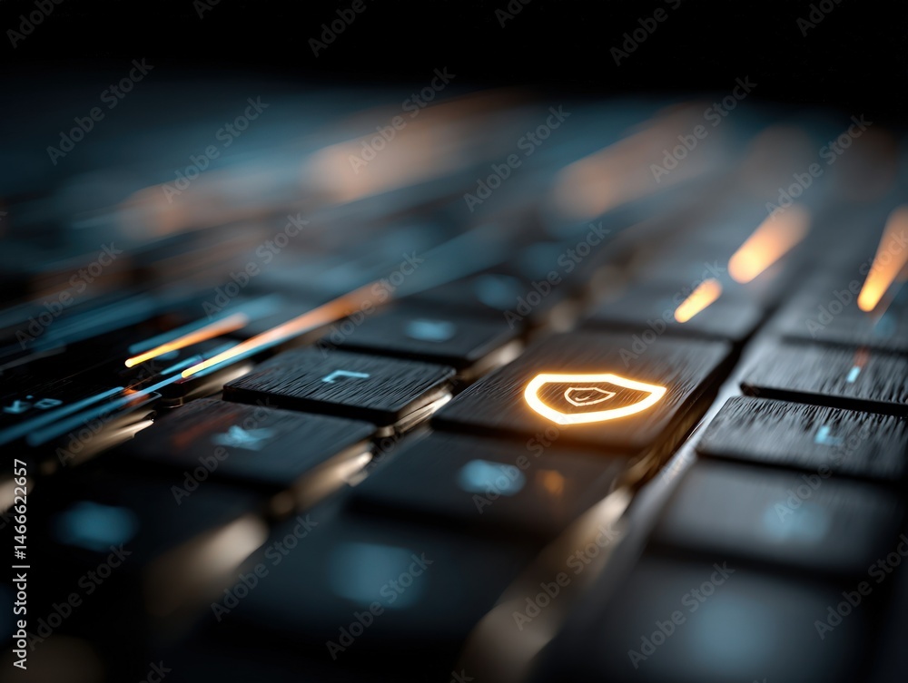Poster close up of illuminated keyboard key with dark background and modern design