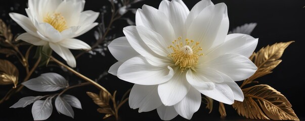 Elegant white flower, gold & silver accents, black backdrop, element, invitation, festive