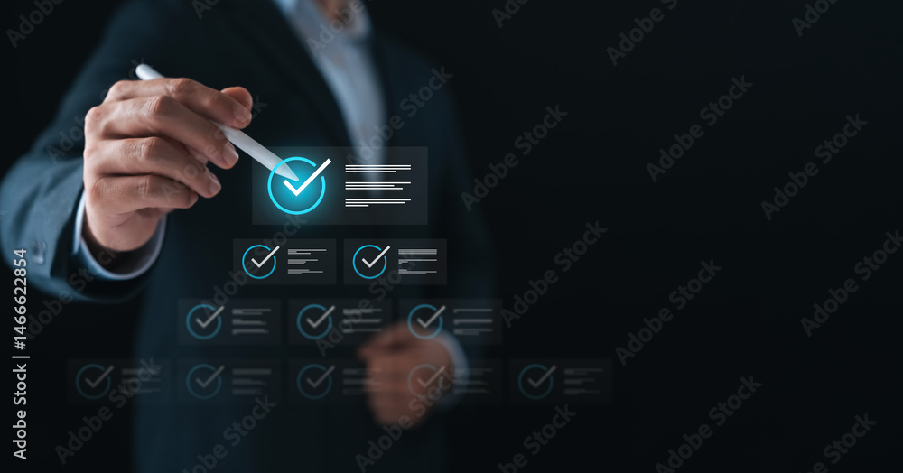 Poster businessman using digital checklist interface with pen, symbolizing task management, project plannin