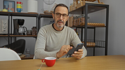 Mature man using smartphone in office setting with modern decor and coffee setup on shelves in background