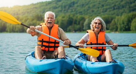 Happy Senior Couple Kayaking on a Calm Lake, Enjoying Retirement and Active Lifestyle