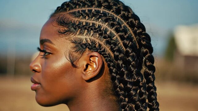 Profile portrait of a beautiful young dark-skinned woman with braided hair and natural makeup outdoors against a blue sky.