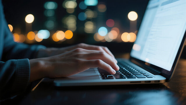 Close up view of hands typing on a laptop with blurred city lights background at night - Powered by Adobe