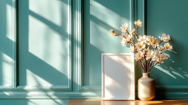 Minimalist vintage caf&Atilde;&copy; interior, black-and-white tiles, warm wood accents, blank white frame for branding mockup on antique green wall, well-lit atmosphere, nostalgic details, styled for Adobe