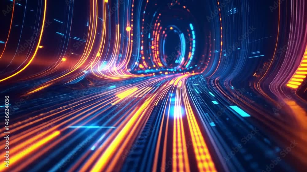 Poster vibrant digital tunnel with glowing lines and lights in blue and orange, creating sense of speed and