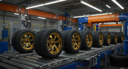 Obraz premium Line of Shiny Gold Rims Tires on Conveyor Belt in Brightly Lit Factory with Blue and Orange Industrial Machinery