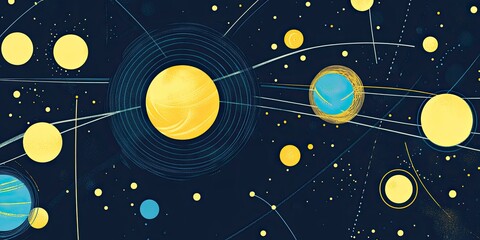 Solar System Abstract Planets and Orbits in a Colorful Space Art.