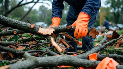 Obraz premium Volunteer clearing storm debris with orange gloves