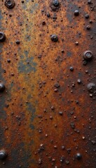 Close-up of heavily textured, rusted metal surface showing deep pitting and discoloration , metal, corrosion, design