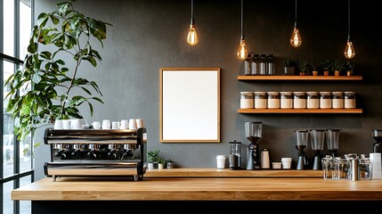 Warm-toned vintage coffee shop interior with wooden shelves, glass jars, espresso machine, and blank white mockup frames on textured plaster wall, nostalgic details, retro color palette, ambient