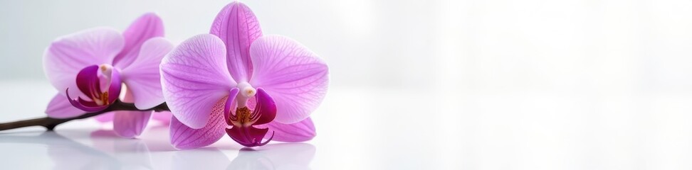 Obraz premium Delicate purple orchid blossom, white background, subtle reflection , plant, floral, studio