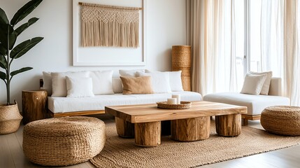 Boho living room interior with rattan furniture, macrame wall hangings, and a large centered white frame above a wooden console table, warm natural light filtering through linen curtains