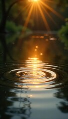 Golden sunlight reflects, creating concentric ripples on a still pond's surface , golden light, concentric circles