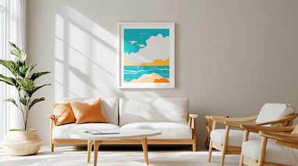Bright natural boho living space, off-white wall with large white mockup frame, handcrafted accents and light wood furniture, decorative plants nearby