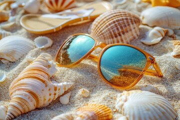 Bright sunglasses resting among seashells on a sandy beach during a sunny day