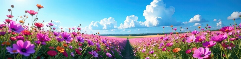 Purple and pink wildflowers blanket a field under a vibrant blue sky , colorful, scene, pictures