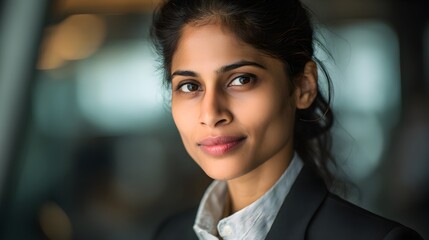 Fototapeta premium An Ethnic Indian Businesswoman Portraying Professionalism and Cultural Identity Wearing Dark Suit and White Shirt Against Soft Background Evoking a Sense of Elegance and Serenity
