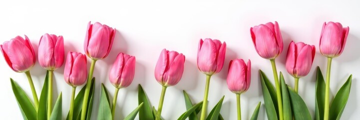 Fototapeta premium Pink tulips scattered on white, vibrant blooms , bright, botanical