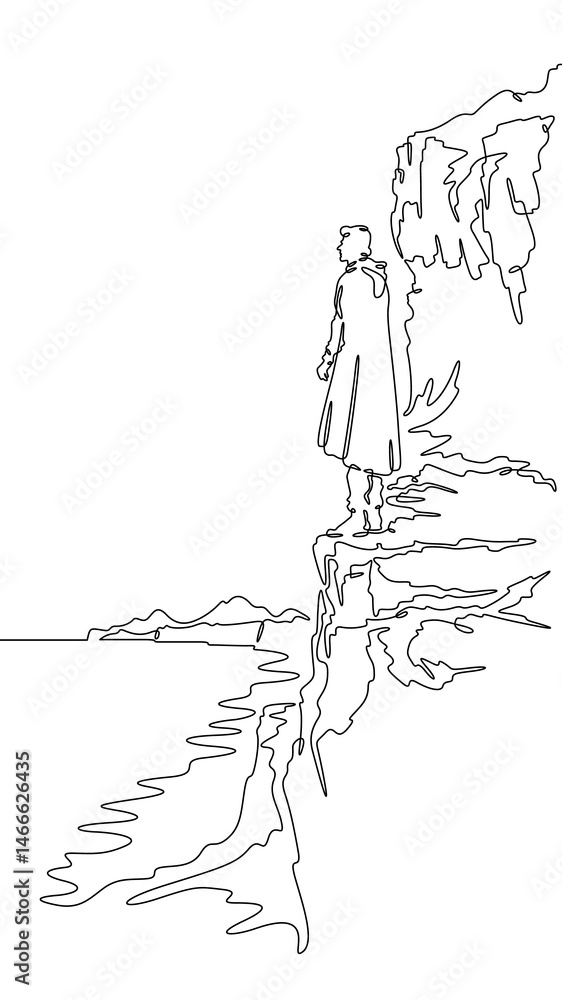 Aufkleber continuous one line drawing a man stands on the top of a cliff. seashore. ocean bay. steep cliffs. o
