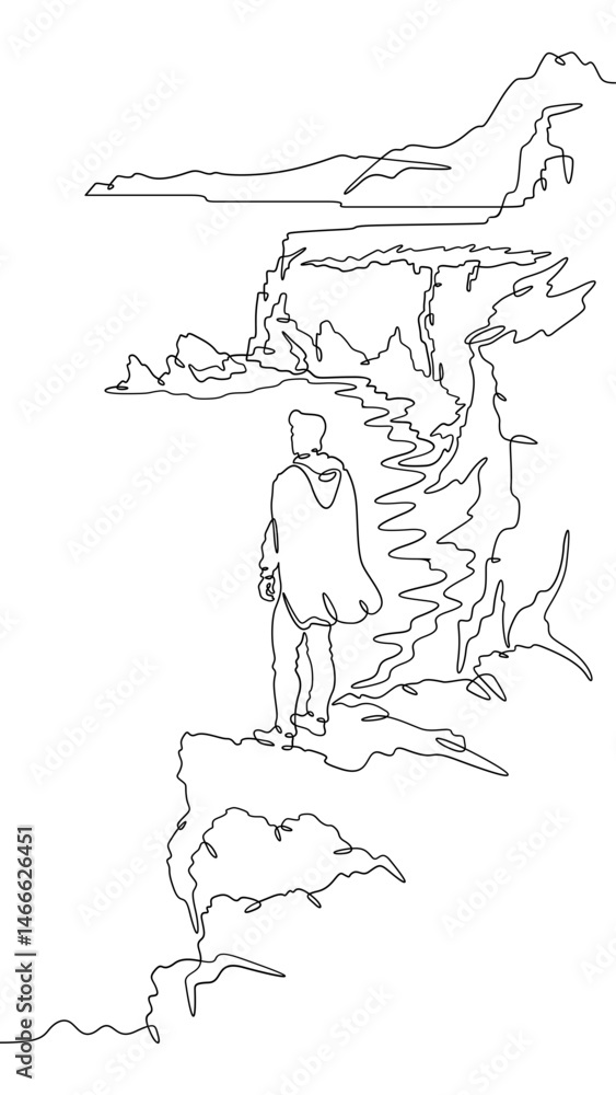 Poster continuous one line drawing a man stands on the top of a cliff. seashore. ocean bay. steep cliffs. o
