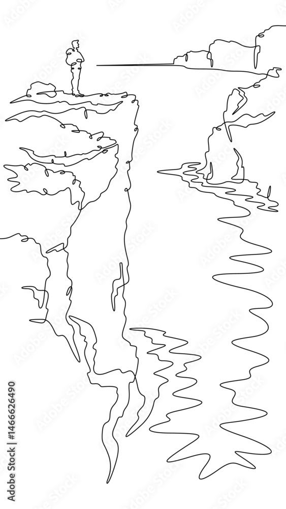 Poster continuous one line drawing a man stands on the top of a cliff. seashore. ocean bay. steep cliffs. o
