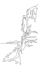 Continuous one line drawing a man stands on the top of a cliff. Seashore. Ocean bay. Steep cliffs. One continuous line isolated minimal vertical illustration.Not AI.