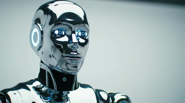Futuristic chrome robot with glowing eyes in minimal bright room, emotionless expression and high-tech appearance &ndash; innovation, technology, artificial intelligence
