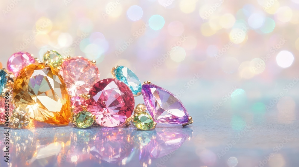 Poster artistic layout of colorful gemstones with dazzling reflections and soft background