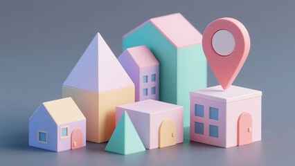Fototapeta premium Colorful 3d rendered miniature houses with a location pointer in a pastel color scheme