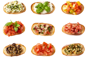 Bruschetta Bites A colourful array of artisan bread with diverse fresh toppings against a stark black backdrop