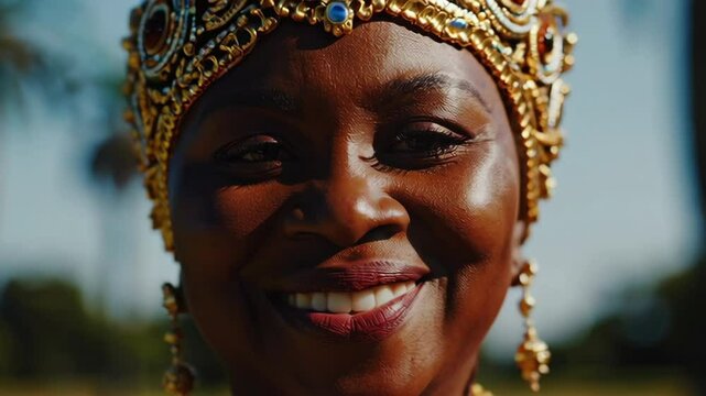 Majestic african queen wearing traditional dress and golden crown