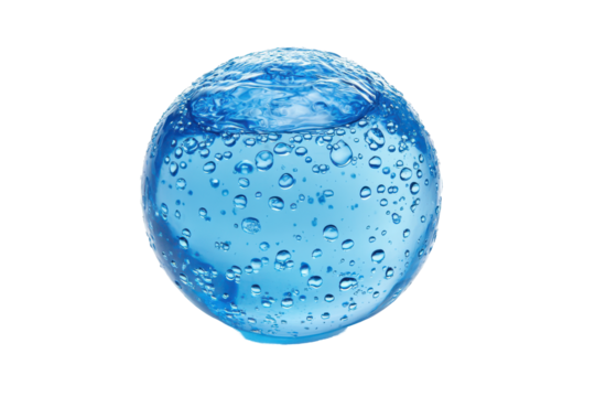 Bubbles dance in a blue water globe against a black expanse