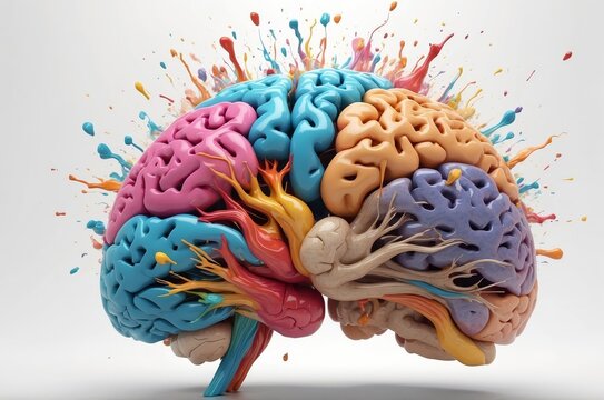 Colorful brain exploding with vibrant paint splashes