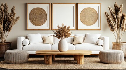 Sunny boho room with cozy neutral tones, dried flowers in oversized vase, framed mockup area centered on a lime-washed wall, linen couch set to the side