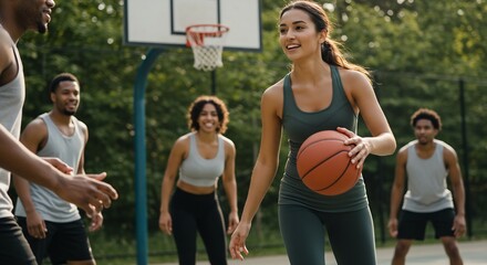 Young woman dribbling a basketball during a friendly outdoor game with friends on a sunny day