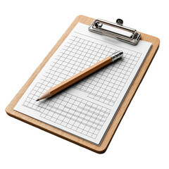 Clipboard with grid paper and pencil for writing and data collection on transparent background