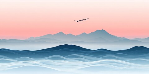 Misty Mountains Birds Fly Above the Serene Horizon at Sunset.