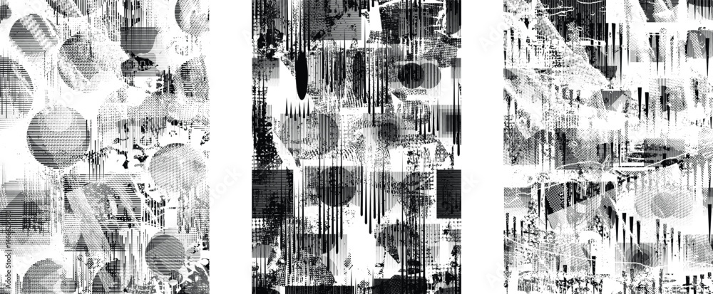 Aufkleber Glitch distorted geometric shape . Noise destroyed logo . Trendy defect error shapes . Glitched frame .Grunge textured . Distressed effect .Vector shapes with a halftone dots screen print texture.