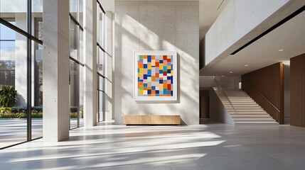 Architectural industrial loft scene, oversized white frame mounted high above center, deep shadow gradients, muted cement tones and a sense of clean visual hierarchy