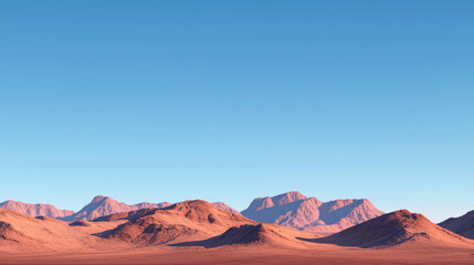 Naklejka premium Panoramic shot of vast desert landscape featuring rugged mountains and clear blue skies, evoking sense of tranquility and openness