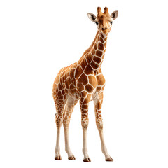 Obraz premium A young giraffe with a beautiful coat of brown and white spots stands gracefully against a clean white backdrop, looking directly at the viewer with curiosity.