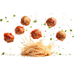 Photographs of meatballs and spaghetti flying in the air, isolated on a white background, a delicious food photoshoot with splashes of tomato sauce