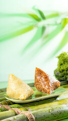 Dragon Boat Festival traditional food Zongzi, green bamboo scene photography light