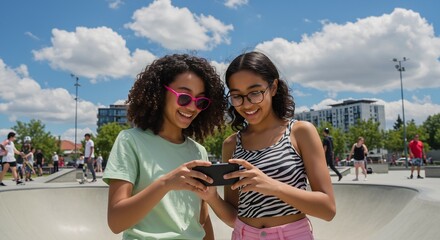 Two Diverse Teenage Girls Sharing a Smartphone at a Skatepark on a Sunny Day