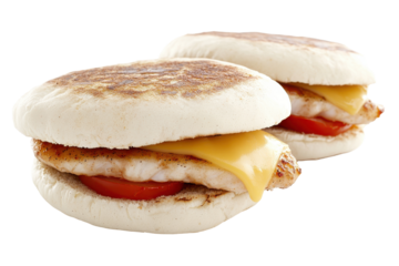 Chicken sandwiches toasty cheesy and tomatotopped on a dark background